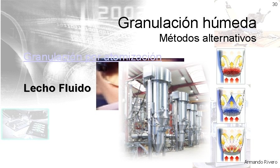 30 Granulación húmeda Métodos alternativos Granulación por atomización Lecho Fluido Armando Rivero 