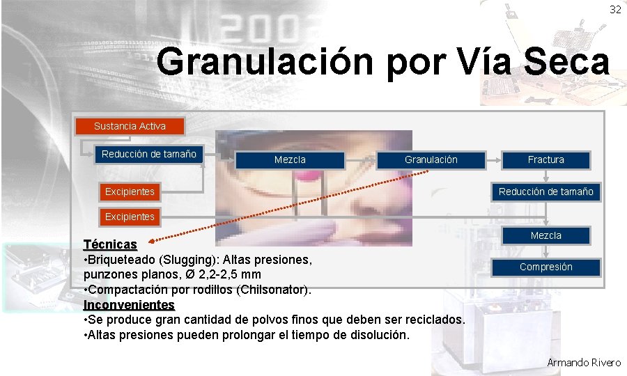 32 Granulación por Vía Seca Sustancia Activa Reducción de tamaño Mezcla Granulación Excipientes Fractura
