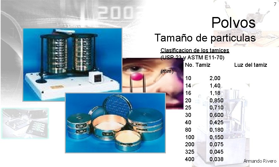 7 Polvos Tamaño de particulas Clasificacion de los tamices (USP 23 y ASTM E