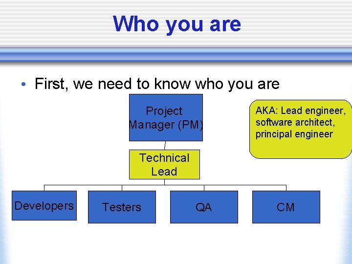 Who you are • First, we need to know who you are Project Manager