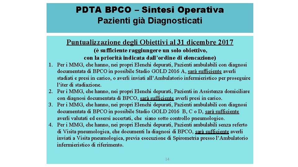 PDTA BPCO – Sintesi Operativa Pazienti già Diagnosticati Puntualizzazione degli Obiettivi al 31 dicembre