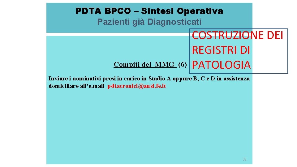 PDTA BPCO – Sintesi Operativa Pazienti già Diagnosticati Compiti del MMG (6) COSTRUZIONE DEI