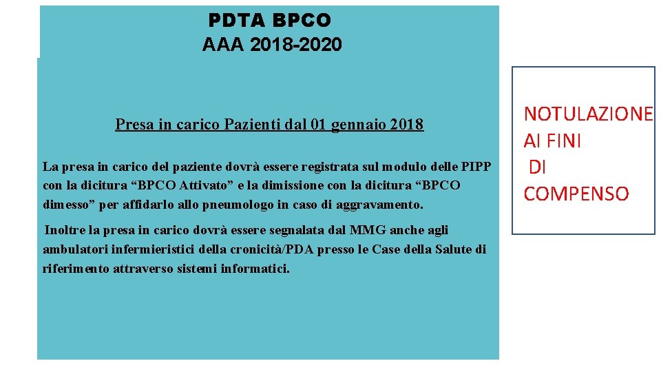 PDTA BPCO AAA 2018 -2020 Presa in carico Pazienti dal 01 gennaio 2018 La