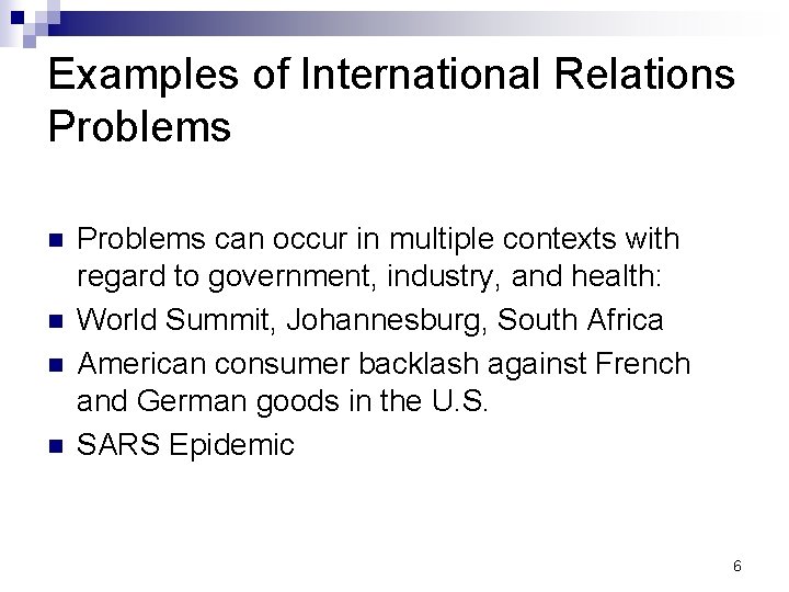Examples of International Relations Problems n n Problems can occur in multiple contexts with