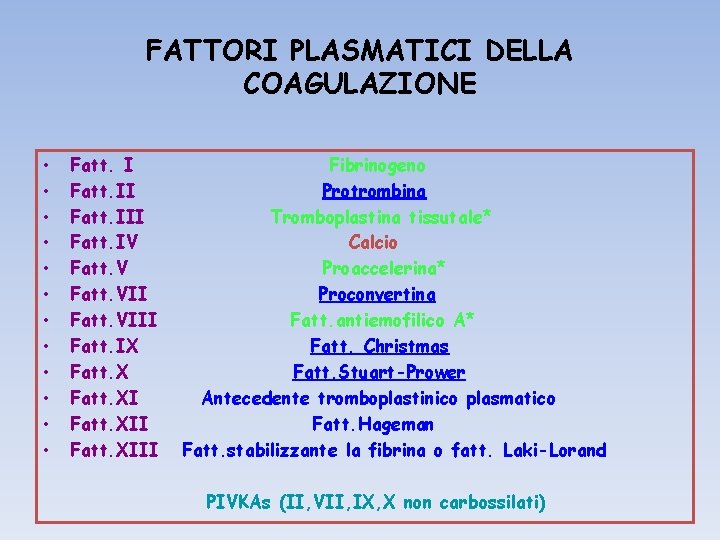 FATTORI PLASMATICI DELLA COAGULAZIONE • • • Fatt. III Fatt. IV Fatt. VIII Fatt.