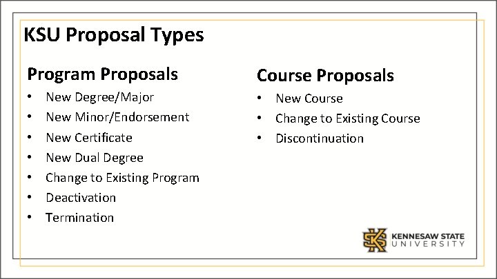 KSU Proposal Types Program Proposals • • New Degree/Major New Minor/Endorsement New Certificate New