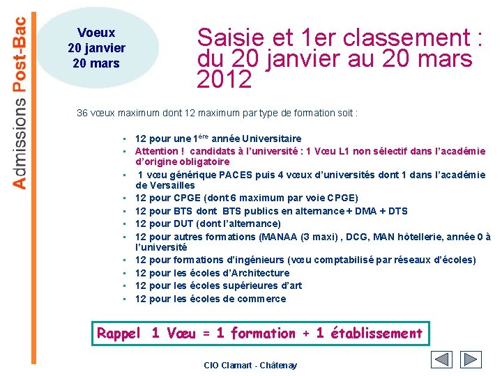 Voeux 20 janvier 20 mars Saisie et 1 er classement : du 20 janvier