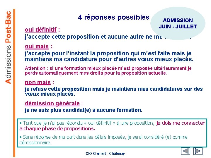 4 réponses possibles ADMISSION JUIN - JUILLET oui définitif : j’accepte cette proposition et