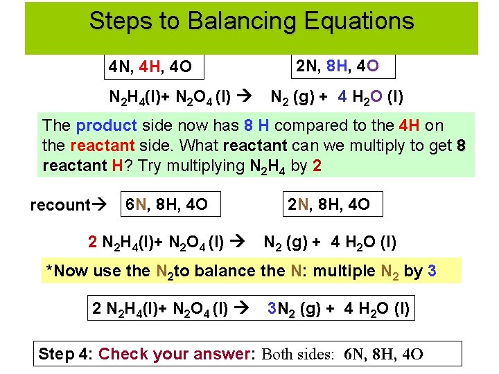 Writing a Balanced Equation Steps to Balancing Equations 4 N, 4 H, 4 O