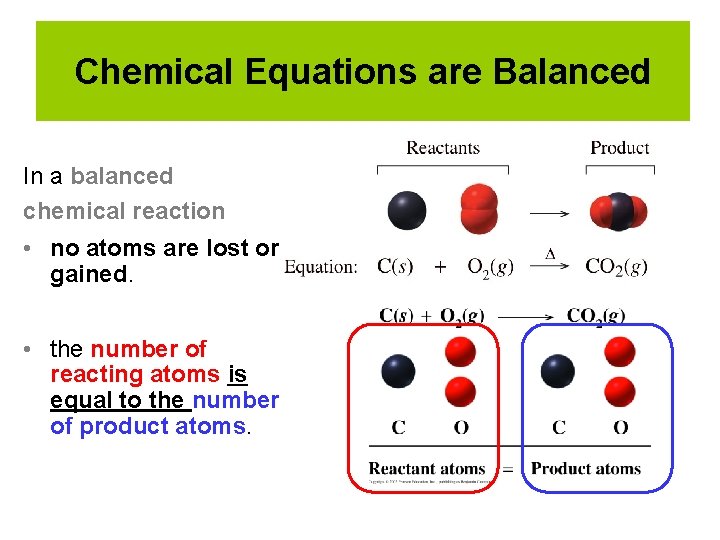 Chemical Equations are Balanced In a balanced chemical reaction • no atoms are lost