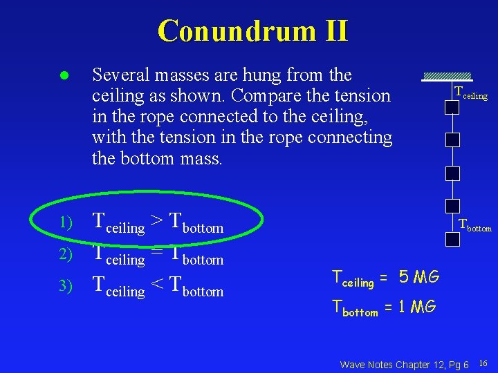 Conundrum II l Several masses are hung from the ceiling as shown. Compare the
