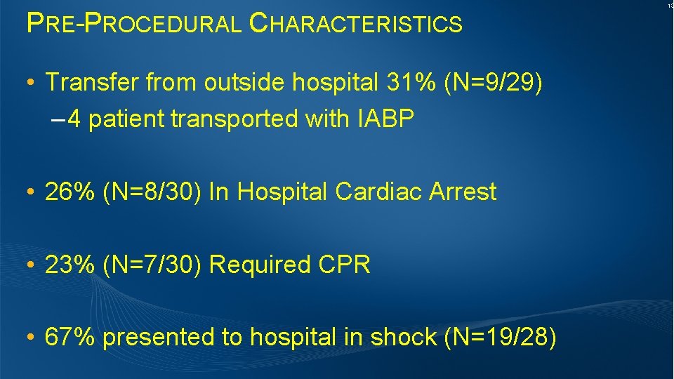 PRE-PROCEDURAL CHARACTERISTICS • Transfer from outside hospital 31% (N=9/29) – 4 patient transported with