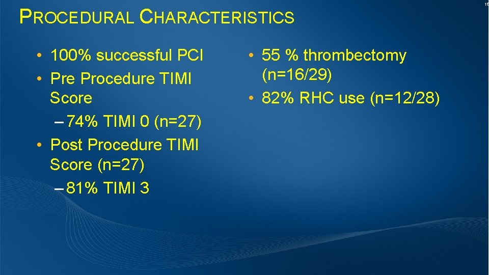 PROCEDURAL CHARACTERISTICS • 100% successful PCI • Pre Procedure TIMI Score – 74% TIMI