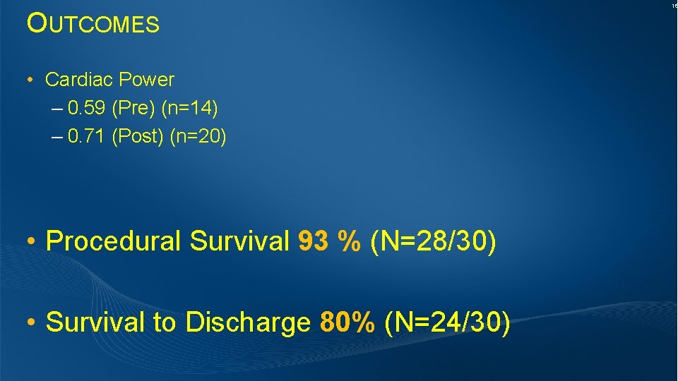 OUTCOMES • Cardiac Power – 0. 59 (Pre) (n=14) – 0. 71 (Post) (n=20)