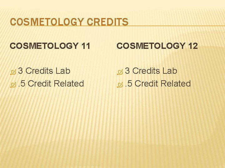 COSMETOLOGY CREDITS COSMETOLOGY 11 COSMETOLOGY 12 3 Credits Lab . 5 Credit Related 