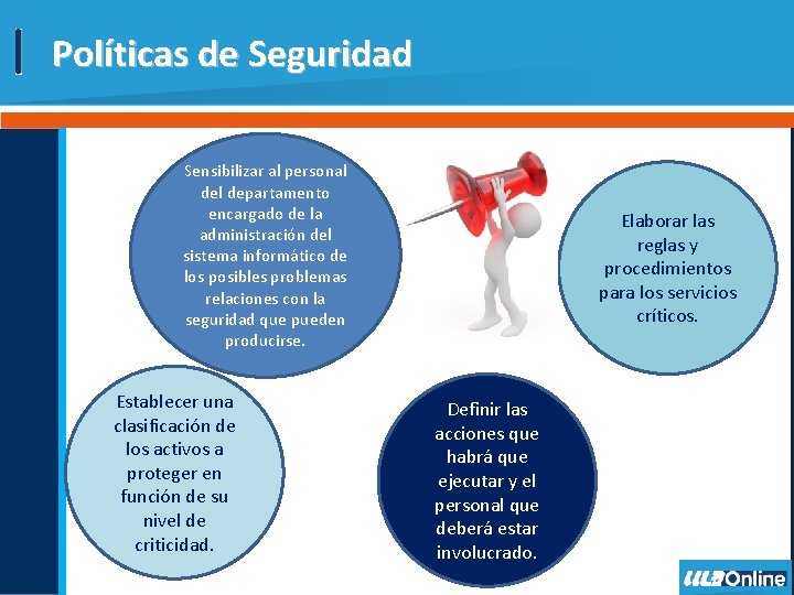 Políticas de Seguridad Sensibilizar al personal departamento encargado de la administración del sistema informático