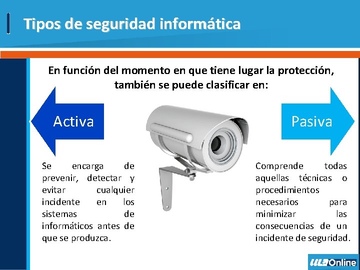 Tipos de seguridad informática En función del momento en que tiene lugar la protección,