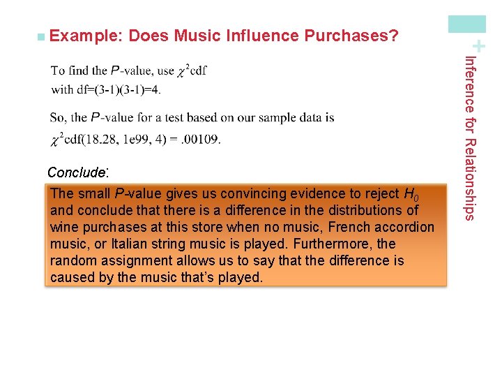 Does Music Influence Purchases? Inference for Relationships Conclude: The small P-value gives us convincing