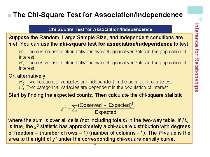 Chi-Square Test for Association/Independence If the Random, Large Sample Size, and conditions are met,