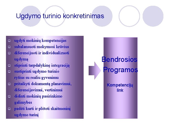 Ugdymo turinio konkretinimas q q q q ugdyti mokinių kompetencijas subalansuoti mokymosi krūvius diferencijuoti