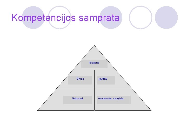 Kompetencijos samprata Elgsena Žinios Gabumai Įgūdžiai Asmeninės savybės 