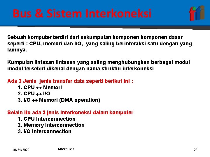 Bus & Sistem Interkoneksi Sebuah komputer terdiri dari sekumpulan komponen dasar seperti : CPU,