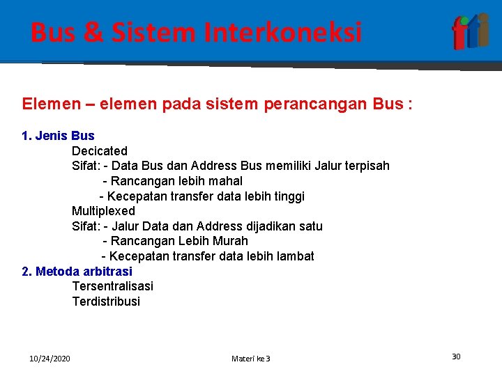 Bus & Sistem Interkoneksi Elemen – elemen pada sistem perancangan Bus : 1. Jenis