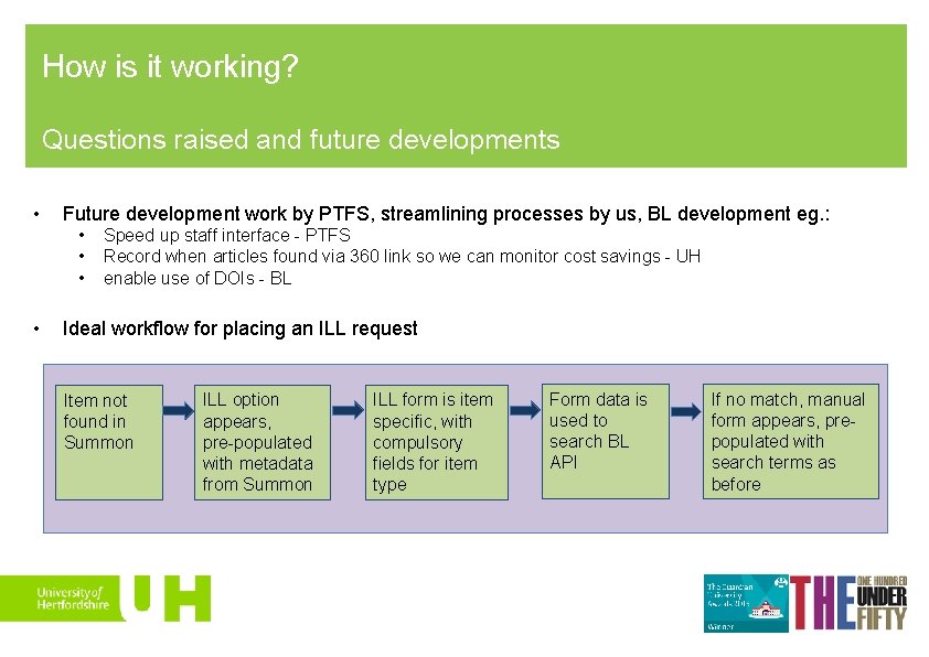 How is it working? Questions raised and future developments • Future development work by