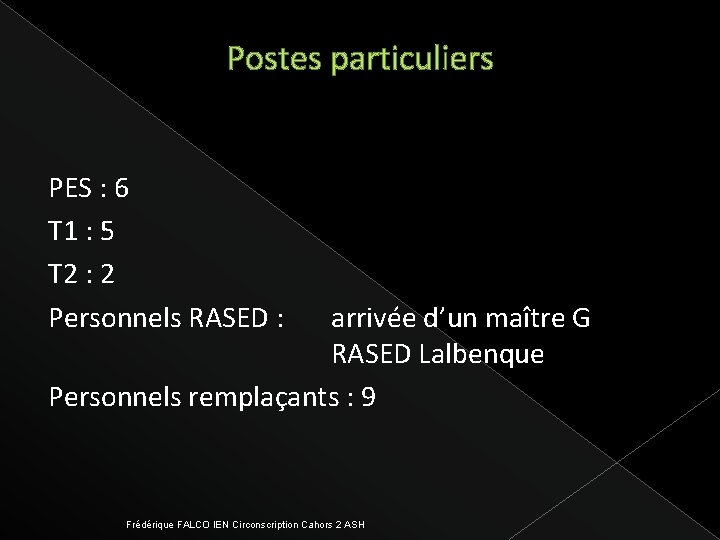 Postes particuliers PES : 6 T 1 : 5 T 2 : 2 Personnels