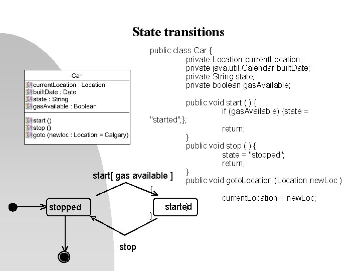 State transitions public class Car { private Location current. Location; private java. util. Calendar