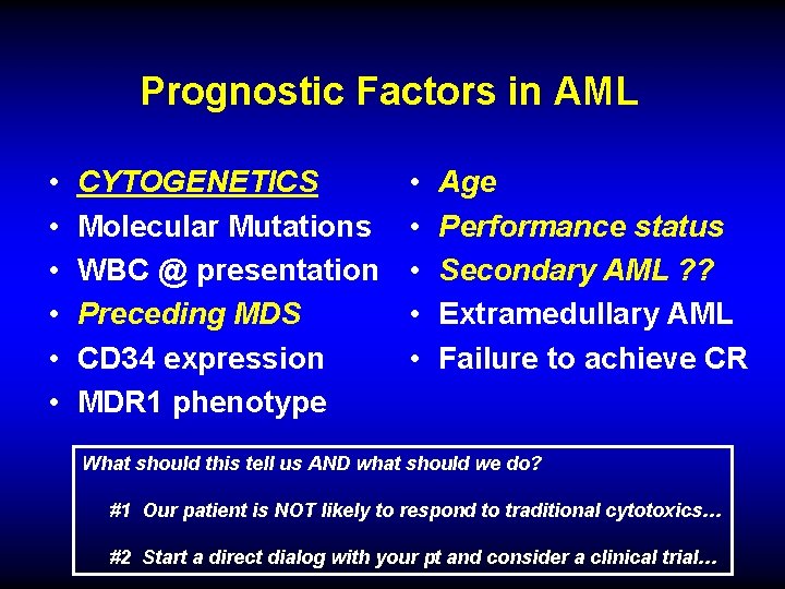 Prognostic Factors in AML • • • CYTOGENETICS Molecular Mutations WBC @ presentation Preceding