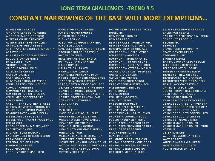 LONG TERM CHALLENGES -TREND # 5 CONSTANT NARROWING OF THE BASE WITH MORE EXEMPTIONS…