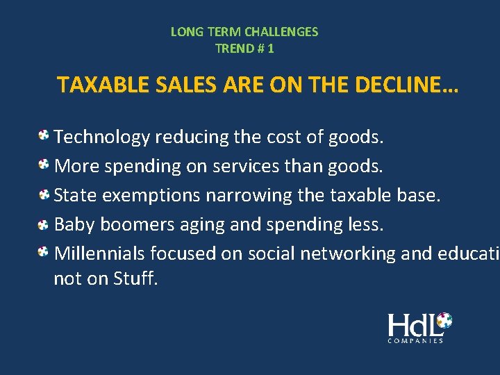 LONG TERM CHALLENGES TREND # 1 TAXABLE SALES ARE ON THE DECLINE… Technology reducing