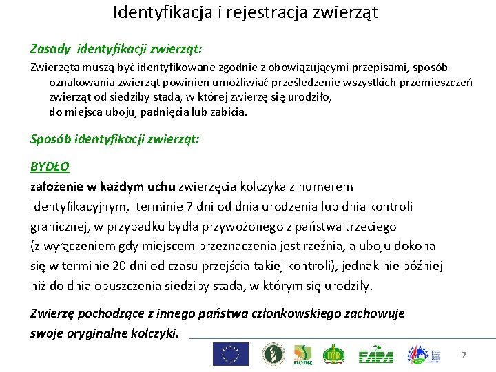 Identyfikacja i rejestracja zwierząt Zasady identyfikacji zwierząt: Zwierzęta muszą być identyfikowane zgodnie z obowiązującymi