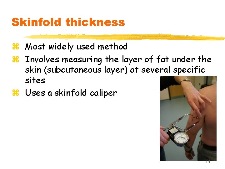 Skinfold thickness z Most widely used method z Involves measuring the layer of fat