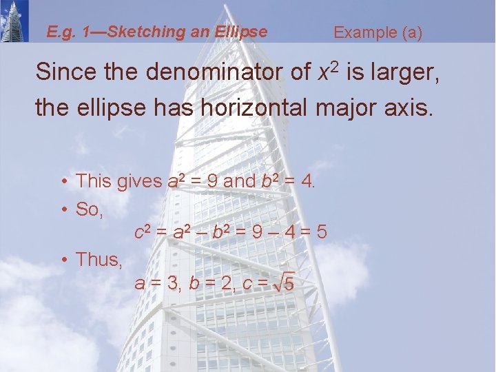 E. g. 1—Sketching an Ellipse Example (a) Since the denominator of x 2 is