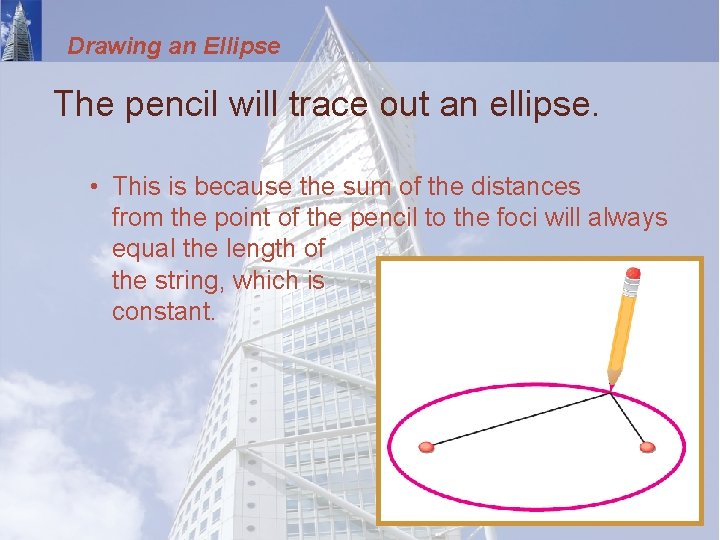 Drawing an Ellipse The pencil will trace out an ellipse. • This is because