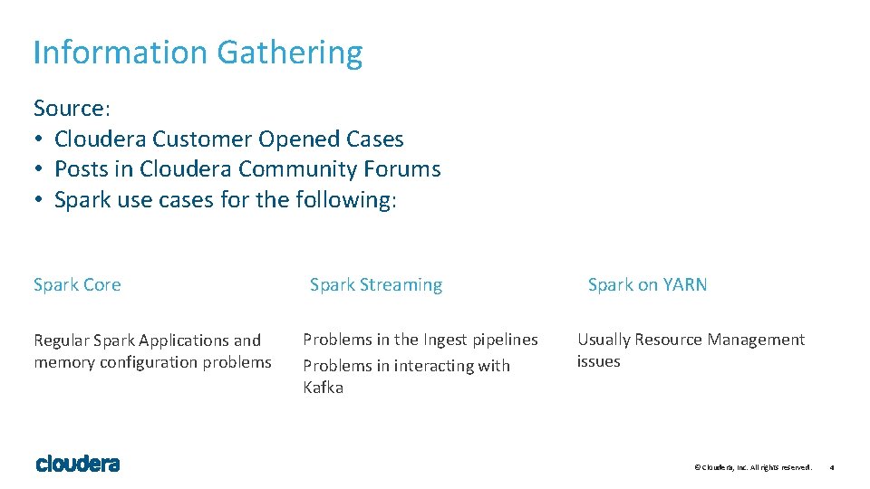 Information Gathering Source: • Cloudera Customer Opened Cases • Posts in Cloudera Community Forums