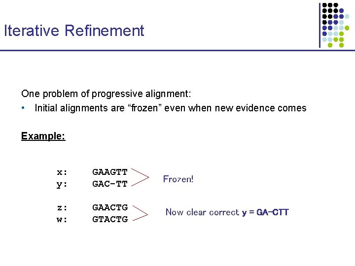 Iterative Refinement One problem of progressive alignment: • Initial alignments are “frozen” even when