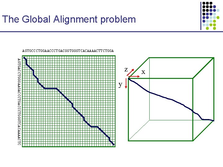 The Global Alignment problem AGTGCCCTGGAACCCTGACGGTGGGTCACAAAACTTCTGGA AGTGACCTGGGAAGACCCTGGGTCACAAAACTC z y x 