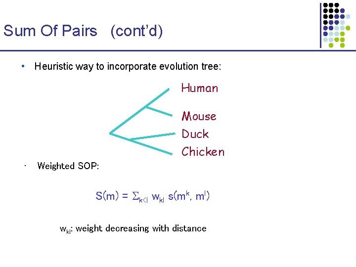 Sum Of Pairs (cont’d) • Heuristic way to incorporate evolution tree: Human Mouse Duck