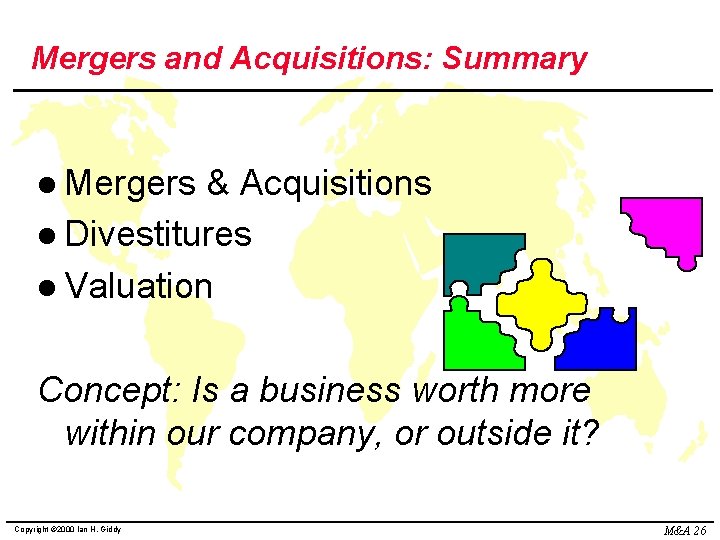 Mergers and Acquisitions: Summary l Mergers & Acquisitions l Divestitures l Valuation Concept: Is