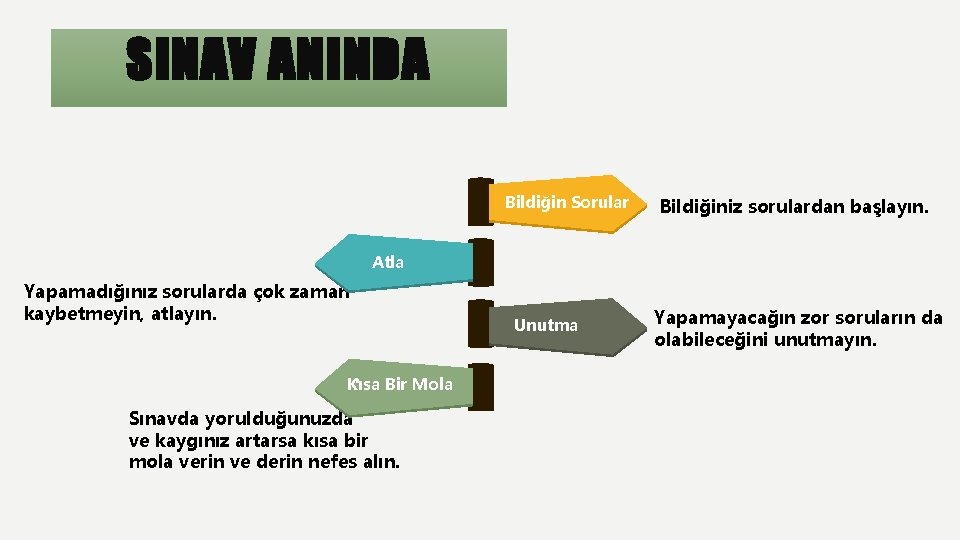 SINAV ANINDA Bildiğin Sorular Bildiğiniz sorulardan başlayın. Atla Yapamadığınız sorularda çok zaman kaybetmeyin, atlayın.