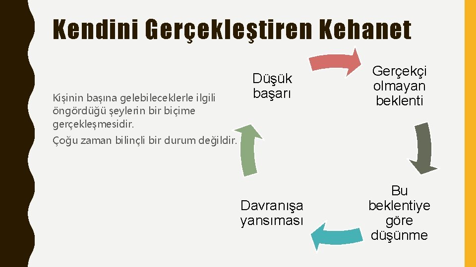 Kendini Gerçekleştiren Kehanet Kişinin başına gelebileceklerle ilgili öngördüğü şeylerin bir biçime gerçekleşmesidir. Düşük başarı