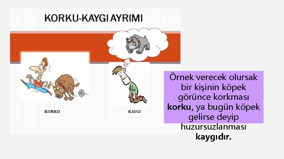 Örnek verecek olursak bir kişinin köpek görünce korkması korku, ya bugün köpek gelirse deyip