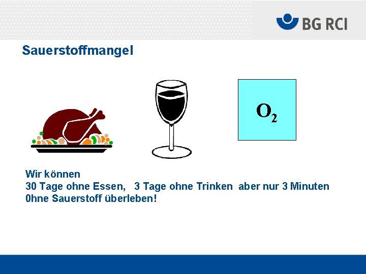 Sauerstoffmangel O 2 Wir können 30 Tage ohne Essen, 3 Tage ohne Trinken aber