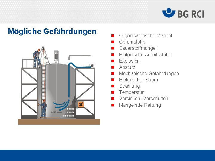 Mögliche Gefährdungen n n n Organisatorische Mängel Gefahrstoffe Sauerstoffmangel Biologische Arbeitsstoffe Explosion Absturz Mechanische