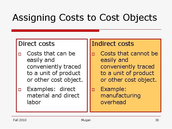 Assigning Costs to Cost Objects Direct costs o o Fall 2010 Indirect costs Costs