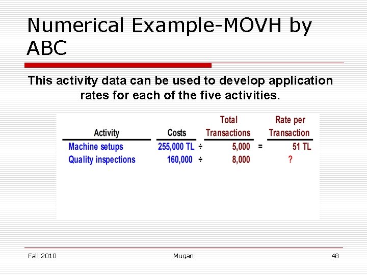 Numerical Example-MOVH by ABC This activity data can be used to develop application rates
