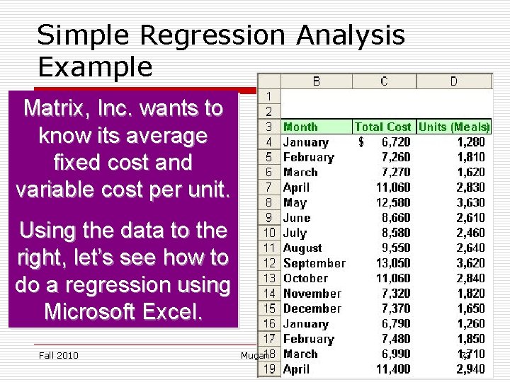 Simple Regression Analysis Example Matrix, Inc. wants to know its average fixed cost and